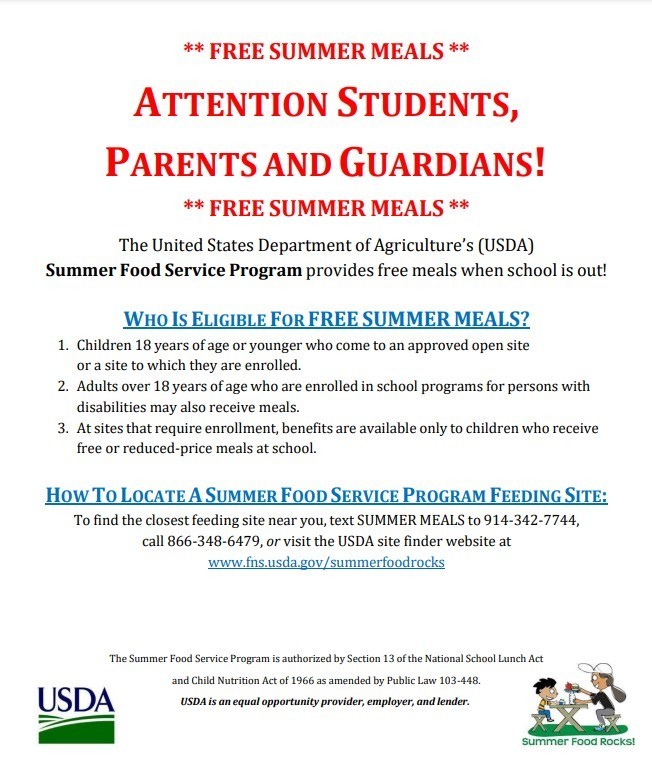 Summer Meals are available through the USDA summer food service Program 