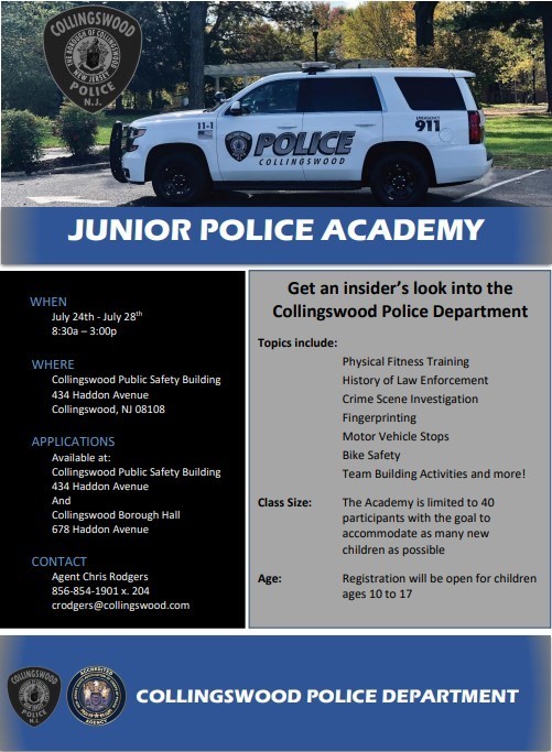 Flyer for Collingswood Police Department's annual Jr Police Academy